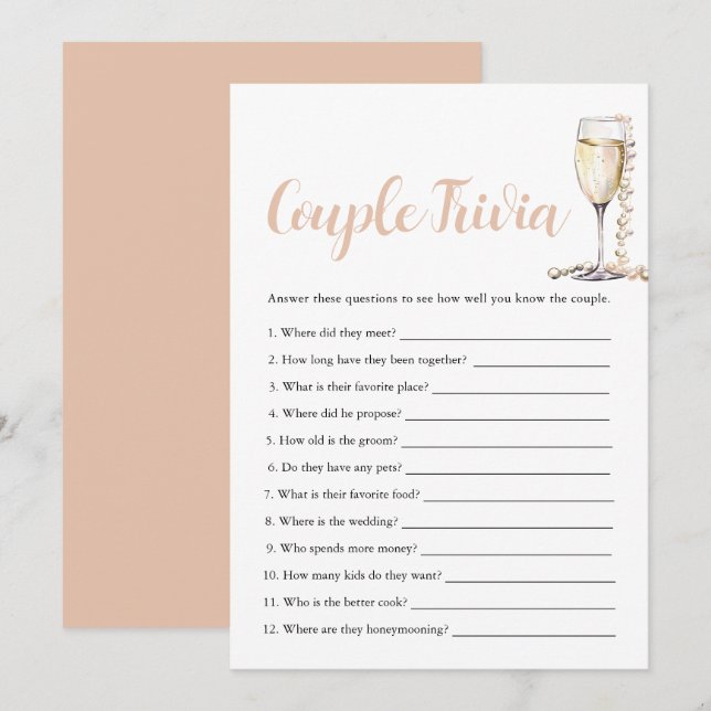 Gold Pearls & Prosecco Couple Trivia Bridal Spiel Einladung (Vorne/Hinten)