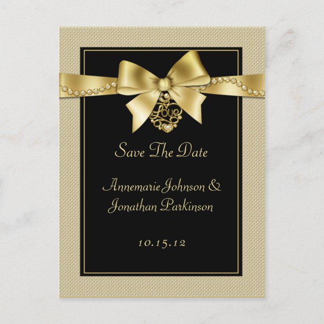 Gold Pearls Ribbon auf schwarz Save the Date Ankündigungspostkarte (Vorderseite)