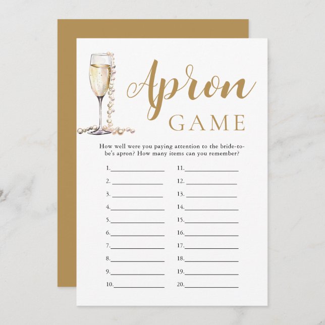 Gold Pearls und Prosecco Brautparty Schürze Game Einladung (Vorne/Hinten)