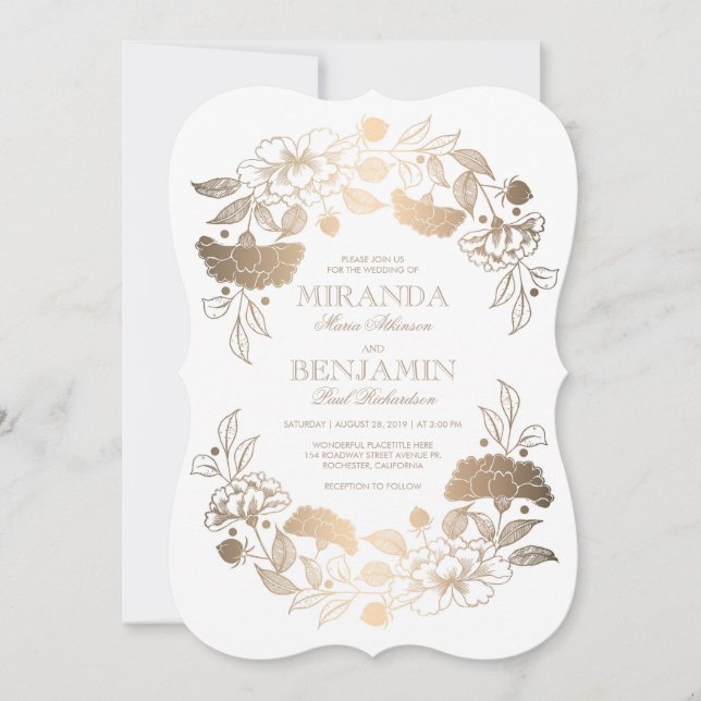 Gold Peonies | Blumenelegant und Vintage Wedding Einladung (Vorderseite)