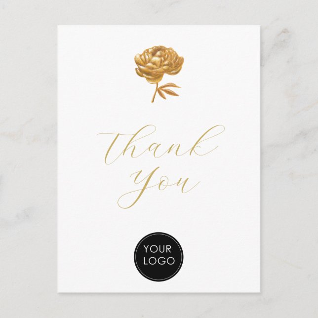 Gold Peony Business Logo-Skript Vielen Dank White Postkarte (Vorderseite)