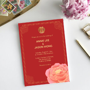 Gold Peony Double Xi chinesische Hochzeitseinladun Ankündigung