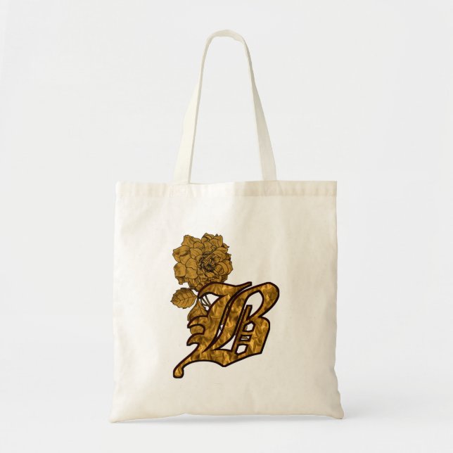 Gold Peony Monogram Initial B Tragetasche (Vorne)