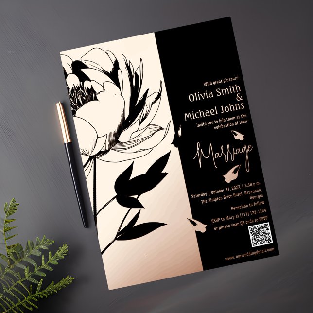 Gold Peony QR Code Einladung für Schwarze und Rose (Von Creator hochgeladen)