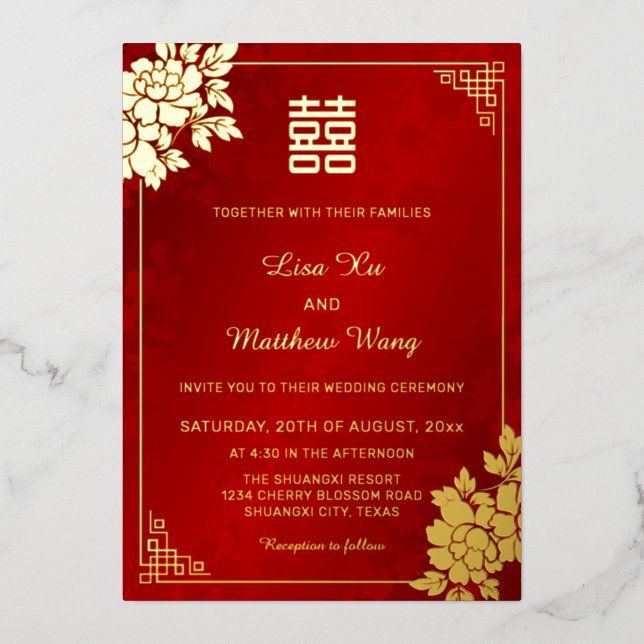 Gold Peony Red Shimmering | Chinesische Hochzeit Folieneinladung (Vorderseite)