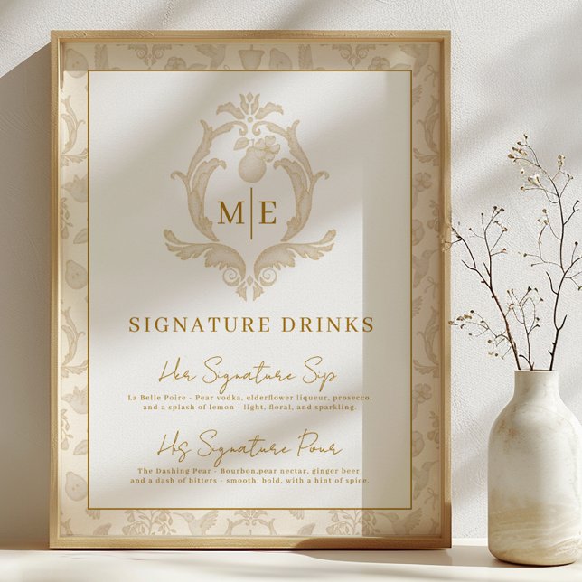 Gold Perfect Pear Signature Drinks Bar Sign Poster (Signature Drinks Party Sign)