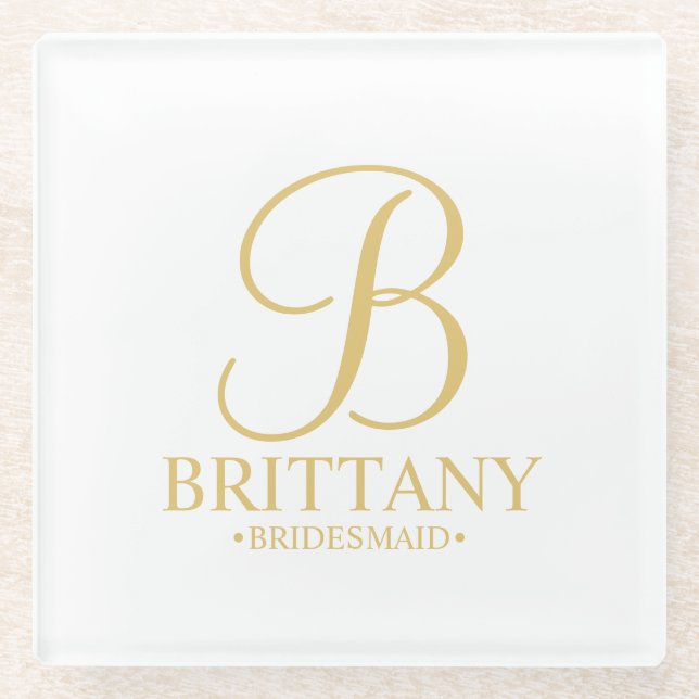 Gold Personalisierte Monogramm und Name Bridesmaid Glasuntersetzer (Vorderseite)