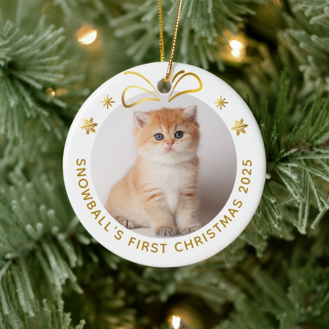 Gold Pet Chat Weihnachten Personalisiertes Foto Ur Keramik Ornament (Baum)