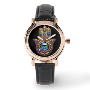 Gold Pfau Farben Hamsa Grüner Saphir Drittes Auge Armbanduhr