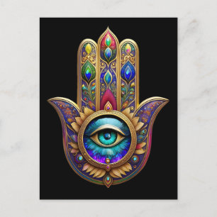 Gold Pfau Farben Hamsa Grüner Saphir Drittes Auge Postkarte
