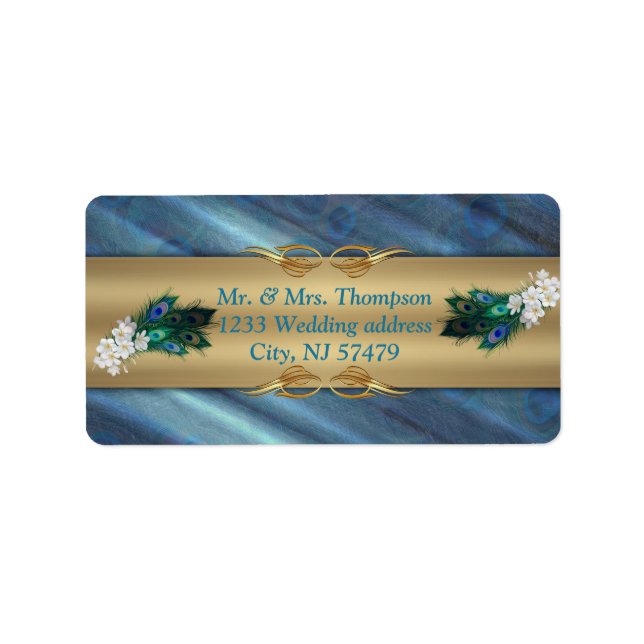 Gold, PfauenFedern auf Smaragdgrüner Seide Adressaufkleber (Vorne)