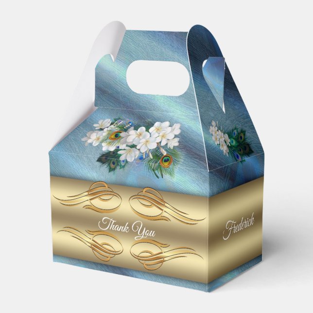 Gold, PfauenFedern auf Smaragdgrüner Seide Geschenkschachtel (Vorderseite)