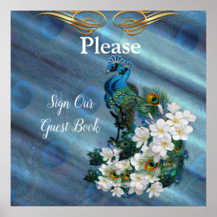 Gold, PfauenFedern auf Smaragdgrüner Seide Poster