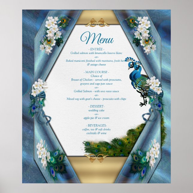 Gold, PfauenFedern auf Smaragdgrüner Seide Poster (Vorne)