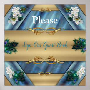 Gold, PfauenFedern auf Smaragdgrüner Seide Poster