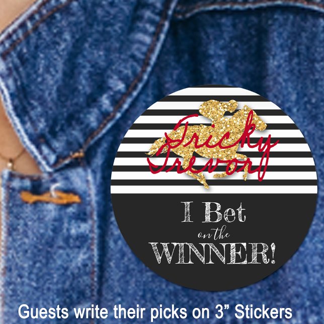 Gold Pferd Schwarz und Weiße Streifen Derby Race Runder Aufkleber (Give your guests a red pen and a sticker to write their picks for the derby winner for your party.)