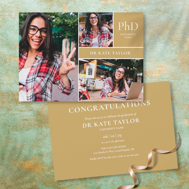 Gold PhD Grad 3 Foto Graduation Party Einladung (Von Creator hochgeladen)