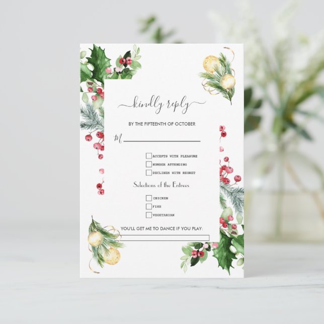 Gold Pine Berry Christmas Song Anfrage Hochzeit RSVP Karte (Stehend Vorderseite)