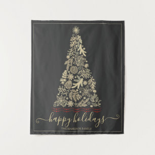 Gold Pine Cone Bough Happy Holidays Weihnachtsbaum Wandteppich