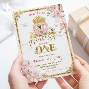 Gold Pink African Princess Carriage First Birthday Einladung