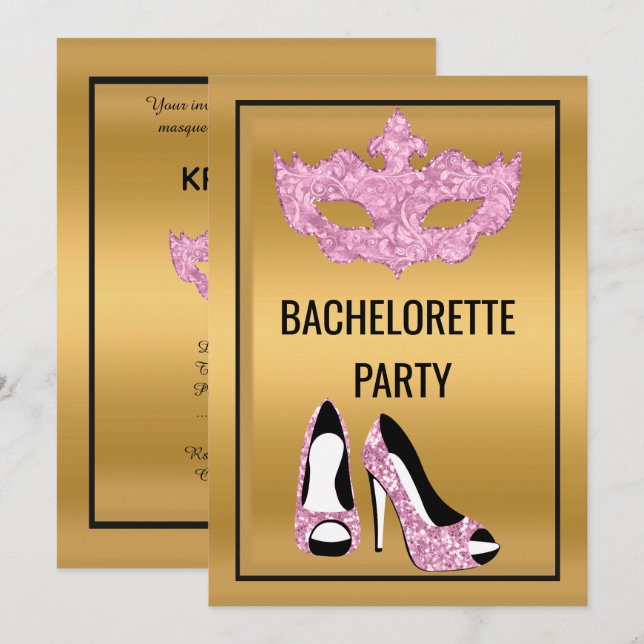 GOLD PINK BLACK BACHELORETTE MASQUERADE PARTY EINLADUNG (Vorne/Hinten)