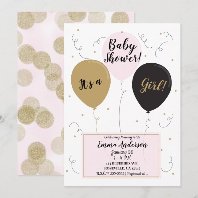 Gold Pink & Black Balloons Es ist eine Girl Baby D Einladung (Vorne/Hinten)