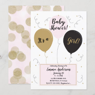 Gold Pink & Black Luftballons It's a Girl Baby Sho Einladung