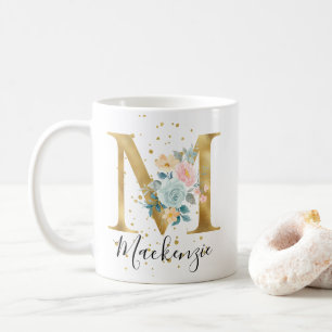 Gold Pink Blue Pastor Floral Watercolor Monogram M Kaffeetasse