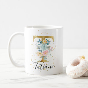 Gold Pink Blue Pastor Floral Watercolor Monogram T Kaffeetasse