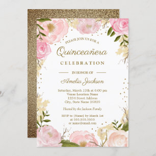 Gold Pink Blues Floral Aquarellfarbe Quinceanera Einladung