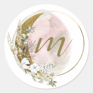 Gold Pink Blush Monogram Watercolor Celestie Runder Aufkleber