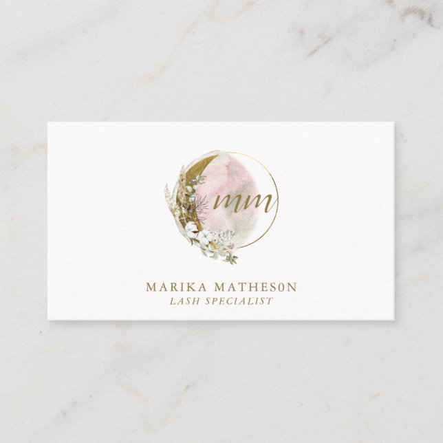Gold Pink Blush Monogram Watercolor Celestie Visitenkarte (Vorderseite)