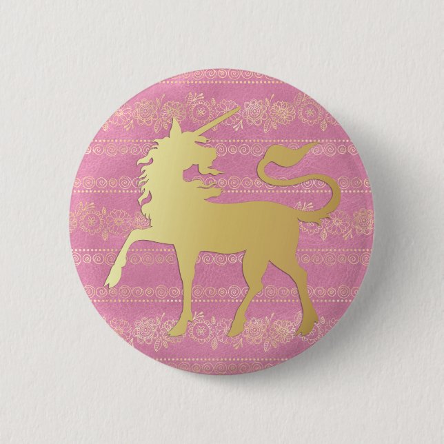 Gold & Pink Boho-Muster & Einhorn Button (Vorderseite)
