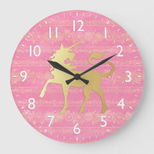 Gold & Pink Boho-Muster & Einhorn Große Wanduhr