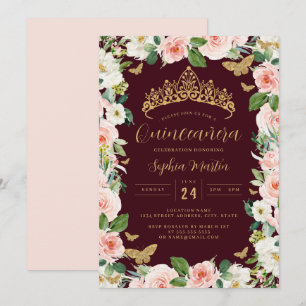 Gold Pink Burgundy Floral Tiara Quinceanera Einladung