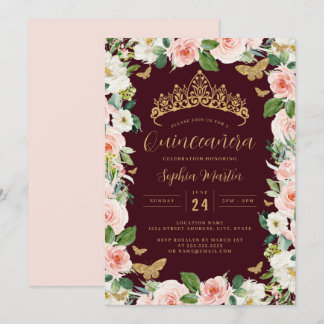 Gold Pink Burgundy Floral Tiara Quinceanera Einladung