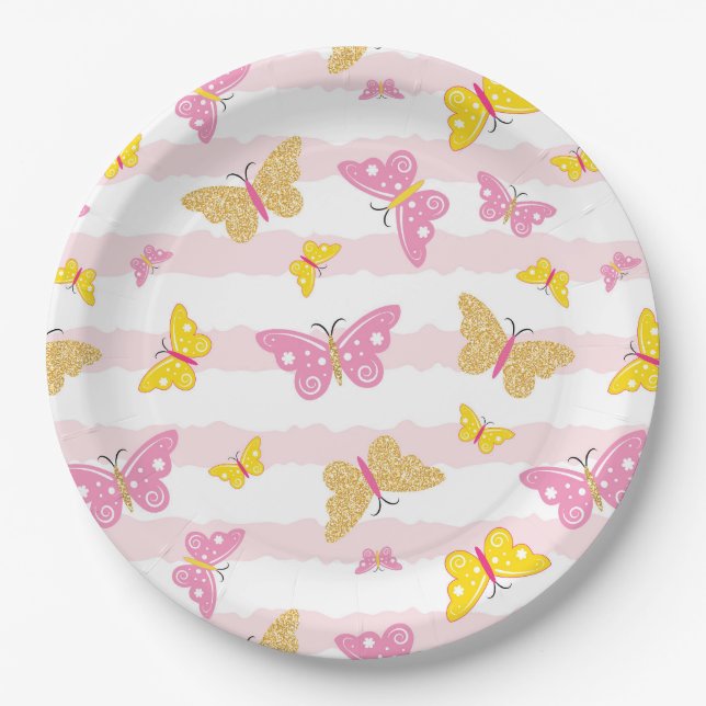 Gold & Pink Butterfly Pappteller (Vorderseite)