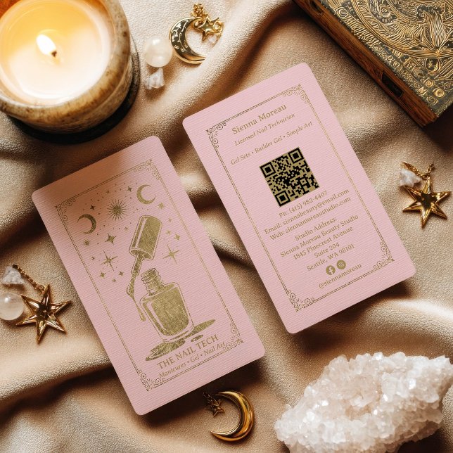 Gold Pink Celestial Tarot Nail artist QR Code Visitenkarte (Gold Pink Celestial Tarot Nail artist QR Code Business Card)