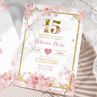 Gold Pink Cherry Blossom Floral Girl Royal 15 Años Einladung