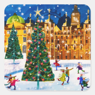 Gold Pink Christmas Winter Ice Skating  Quadratischer Aufkleber