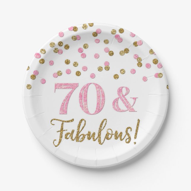 Gold Pink Confetti 70 und fabelhaft Pappteller (Vorderseite)