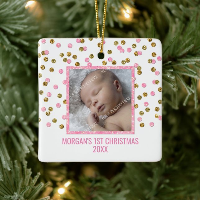 Gold Pink Confetti Baby's First Christmas Foto Keramikornament (Baum)