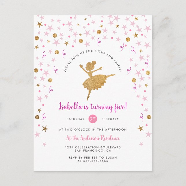 Gold & Pink Confetti Ballerina Einladung zum Gebur (Vorderseite)