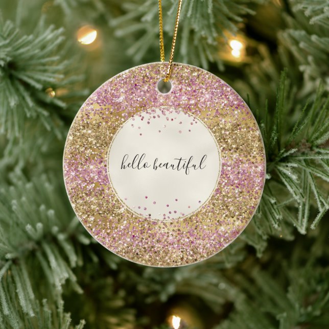 Gold Pink Confetti Glitzer Personalisiert Keramik Ornament (Baum)