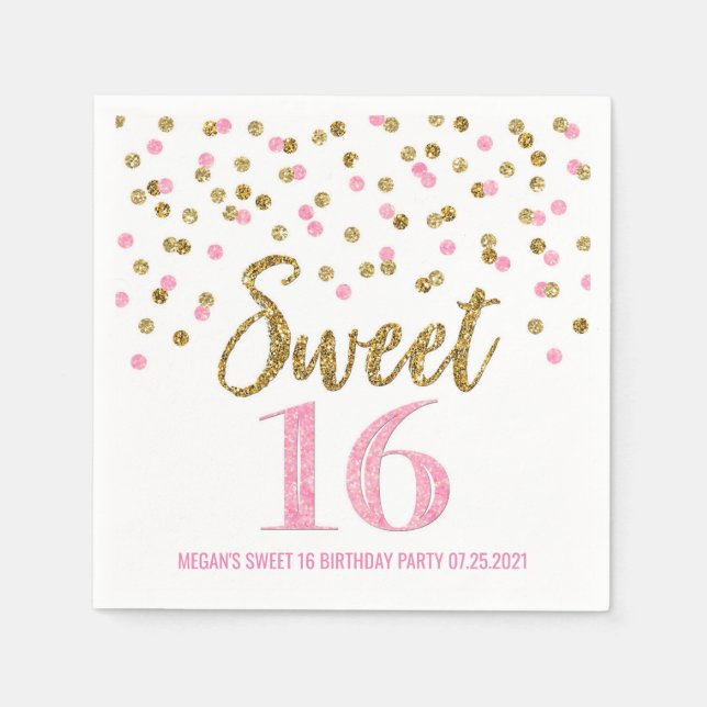 Gold Pink Confetti Sweet 16 Geburtstag Serviette (Vorderseite)