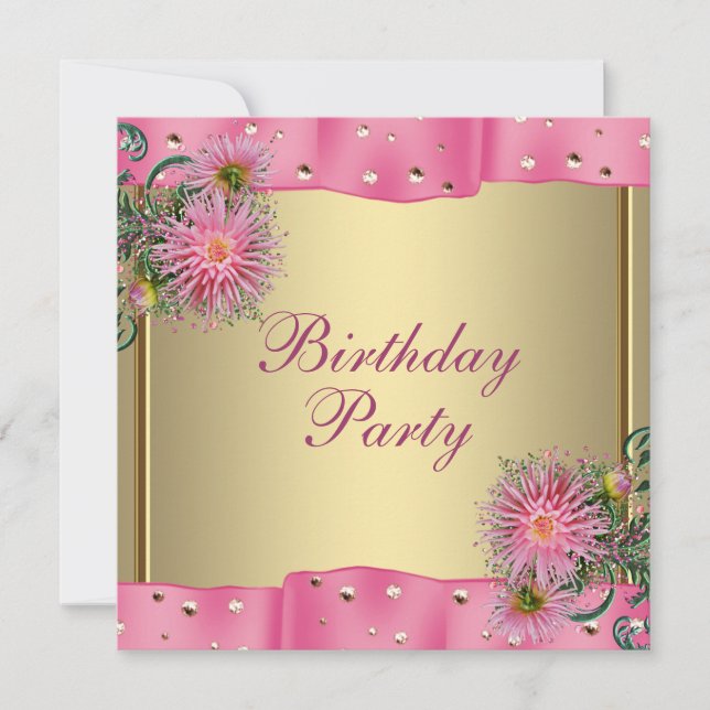 Gold Pink Dahlia Frauen Geburtstagsparty Einladung (Vorderseite)