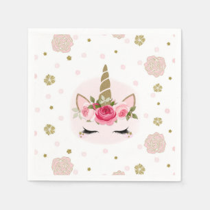 Gold & Pink Einhorn-Blume blüht Geburtstagsfeier Serviette