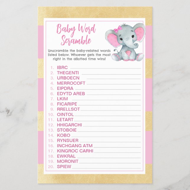 Gold Pink Elephant Baby Word Scramble Spiel Flyer (Vorne)