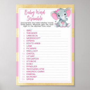 Gold Pink Elephant Baby Word Scramble Spiel Poster