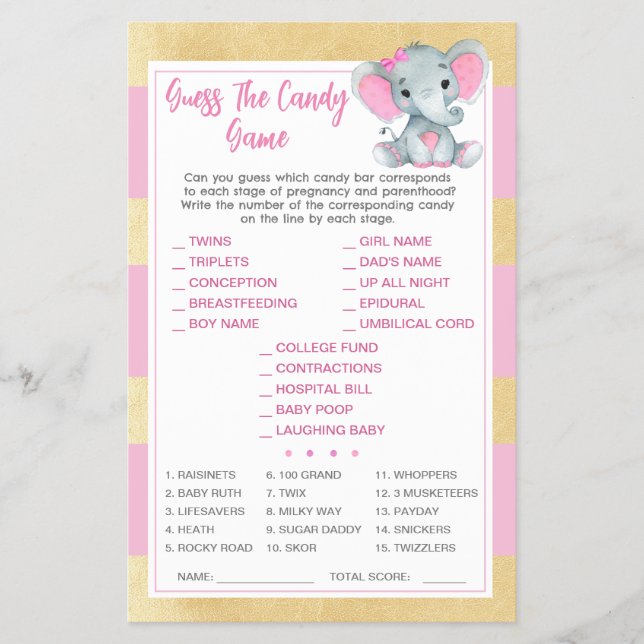 Gold Pink Elephant Guess The Candy Baby ShowerGame Flyer (Vorne)